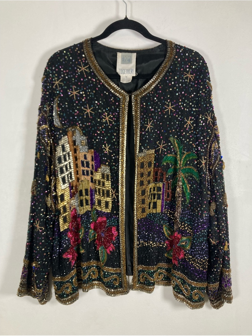 Vtg 1980s Together Beaded Sequin Jacket Silk Arabian Nights City Plus 1X Glam